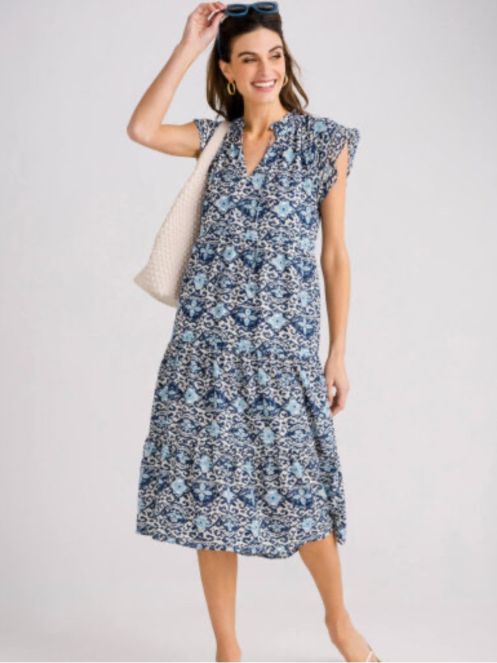THML Blue White Tiered Peasant Midi Dress Size Medium